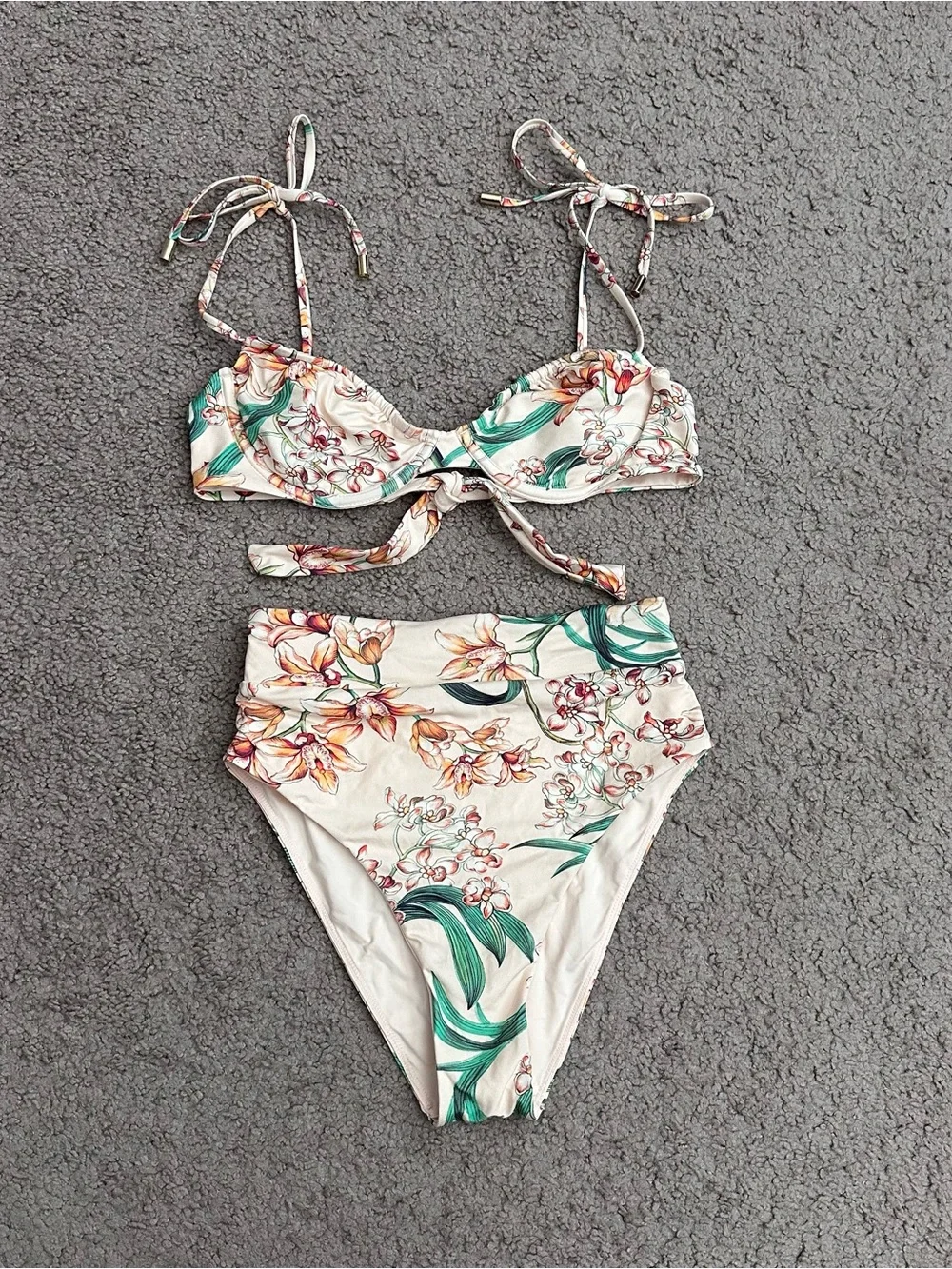 Monday Swimwear Floral Bikini Top High Waist Bottoms Cream Green Womens S